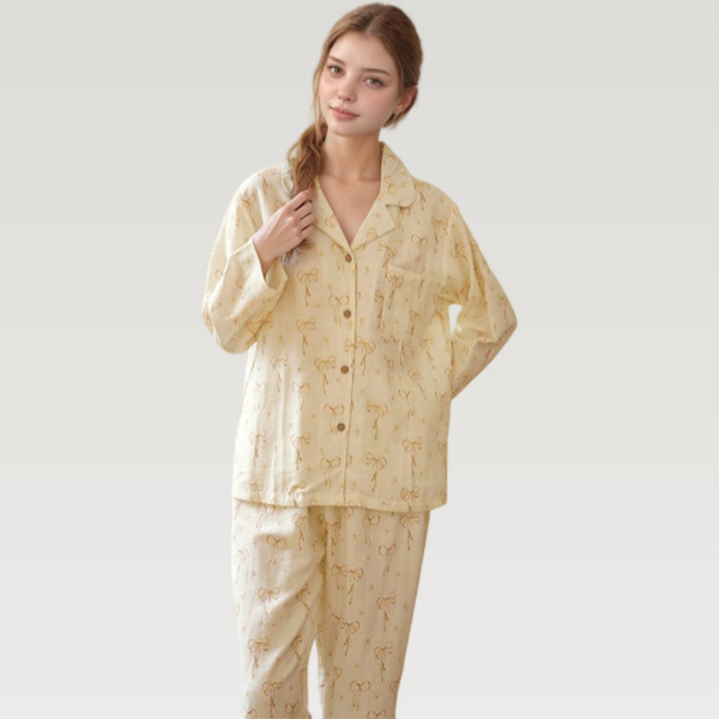 Anna-Kaci Lounge Women's Bow Print Woven Pajama Set with Long Sleeve Collared Top and Relaxed Fit Pants