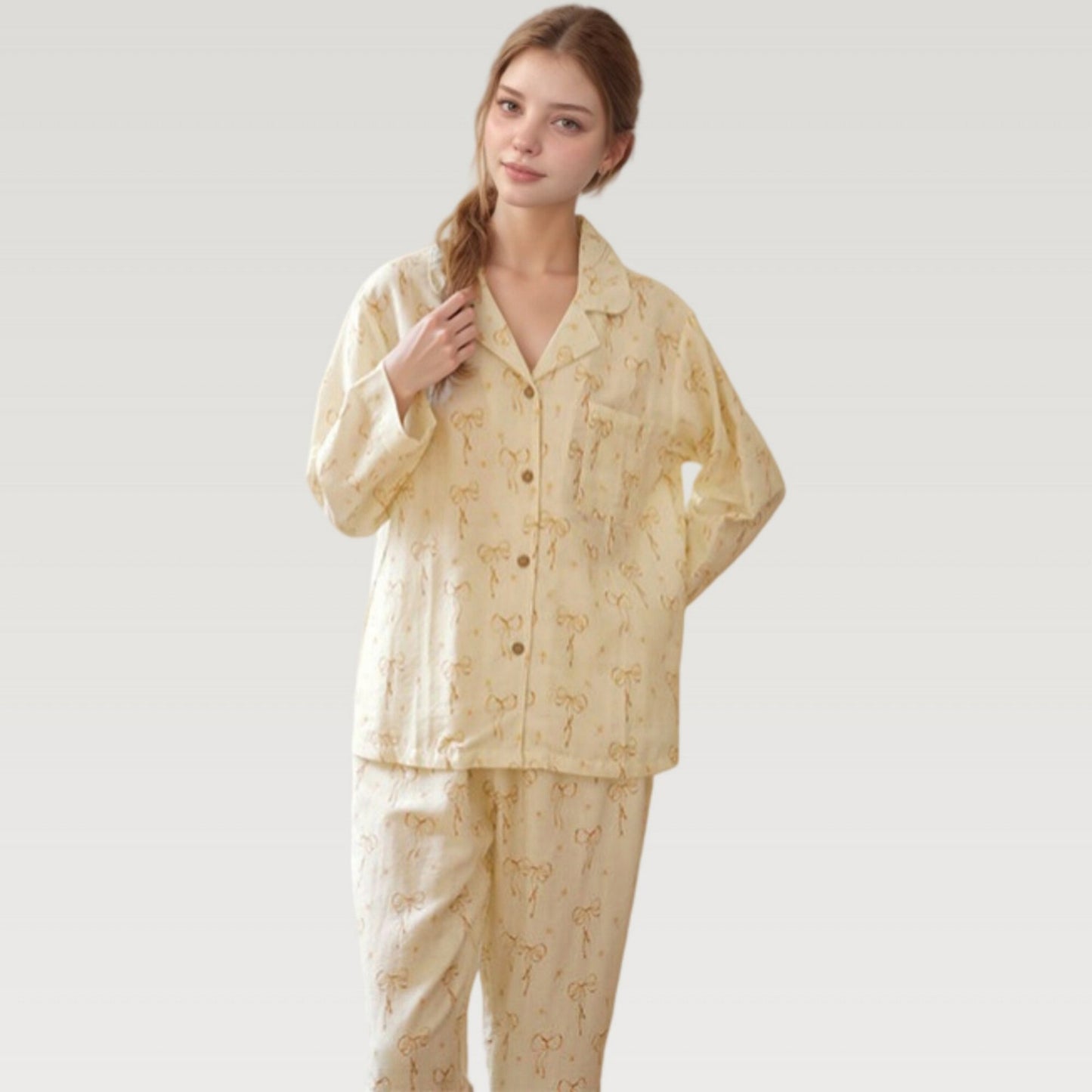 Anna-Kaci Lounge Women's Bow Print Woven Pajama Set with Long Sleeve Collared Top and Relaxed Fit Pants