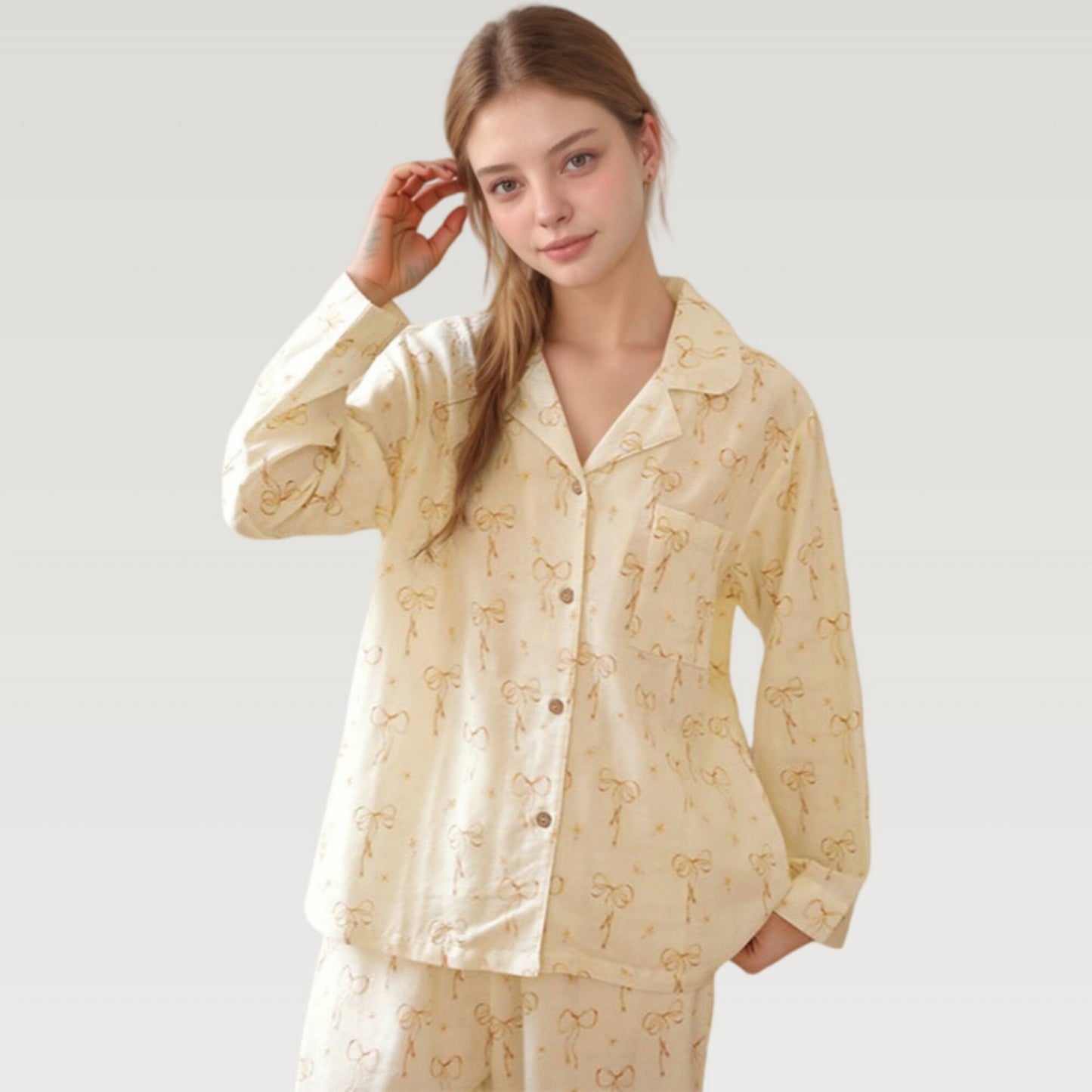 Anna-Kaci Lounge Women's Bow Print Woven Pajama Set with Long Sleeve Collared Top and Relaxed Fit Pants