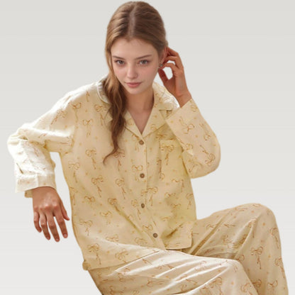 Anna-Kaci Lounge Women's Bow Print Woven Pajama Set with Long Sleeve Collared Top and Relaxed Fit Pants
