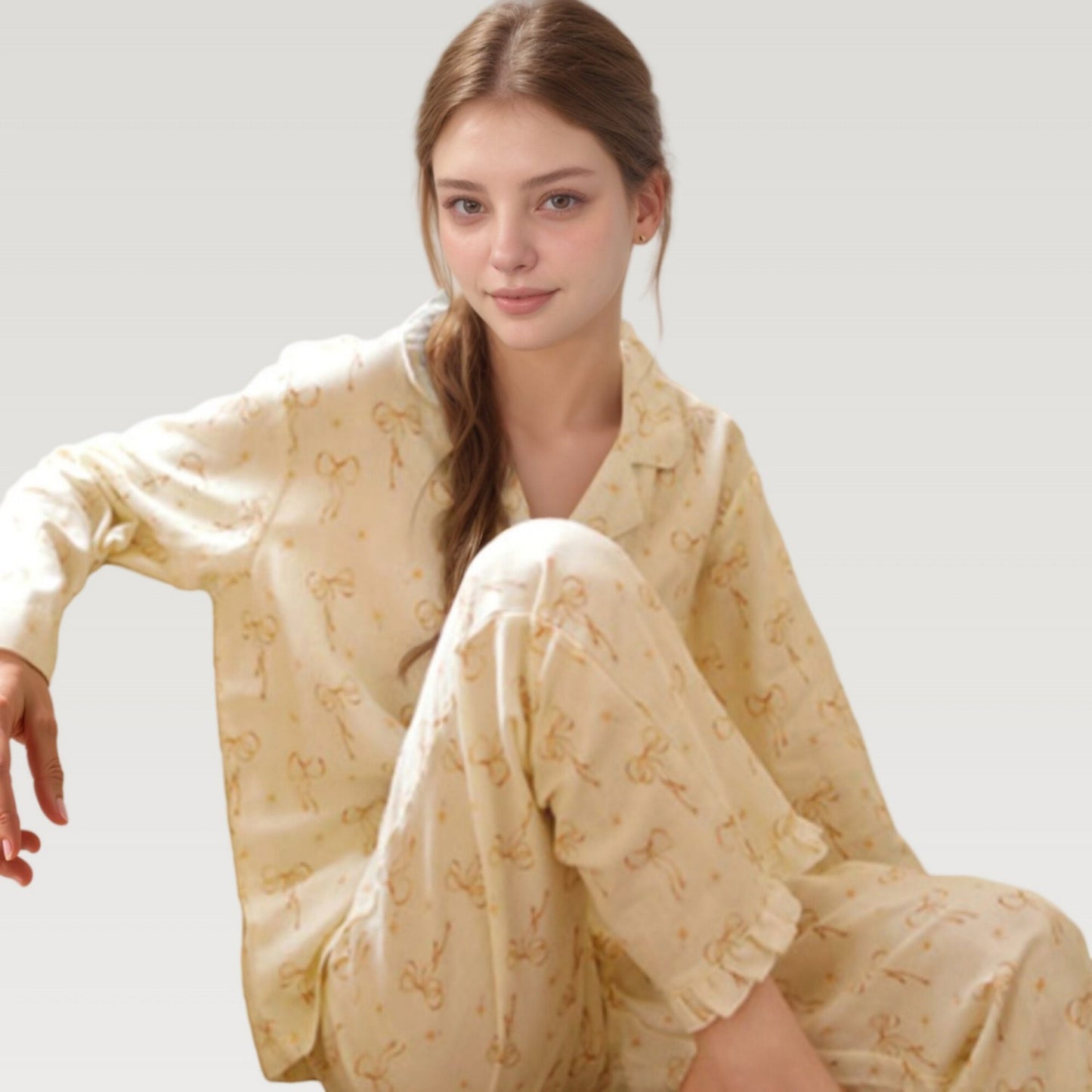 Anna-Kaci Lounge Women's Bow Print Woven Pajama Set with Long Sleeve Collared Top and Relaxed Fit Pants