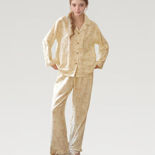 Anna-Kaci Lounge Women's Bow Print Woven Pajama Set with Long Sleeve Collared Top and Relaxed Fit Pants