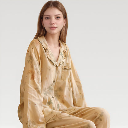 Anna-Kaci Lounge Women's Ruffle Collar Floral Print Woven Pajama Set with Long Sleeve Button Top and Relaxed Pants