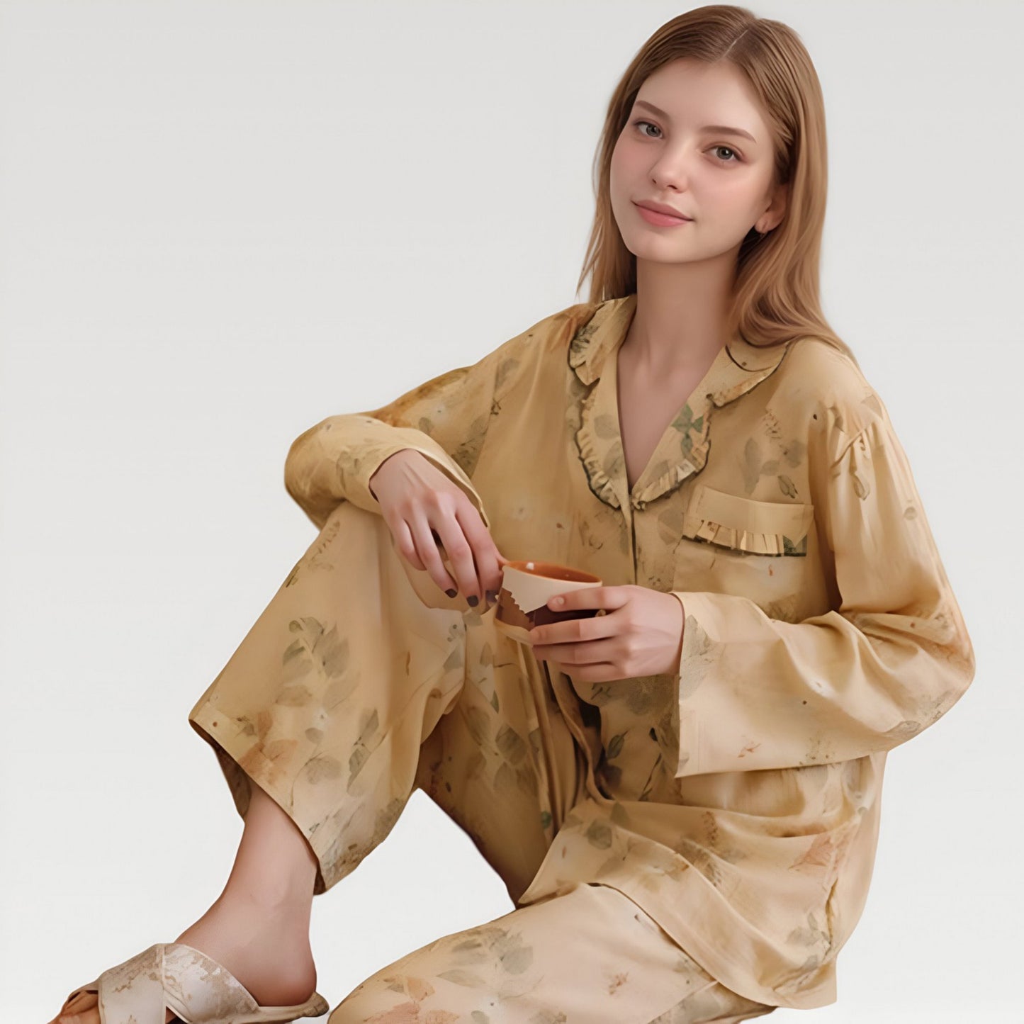 Anna-Kaci Lounge Women's Ruffle Collar Floral Print Woven Pajama Set with Long Sleeve Button Top and Relaxed Pants