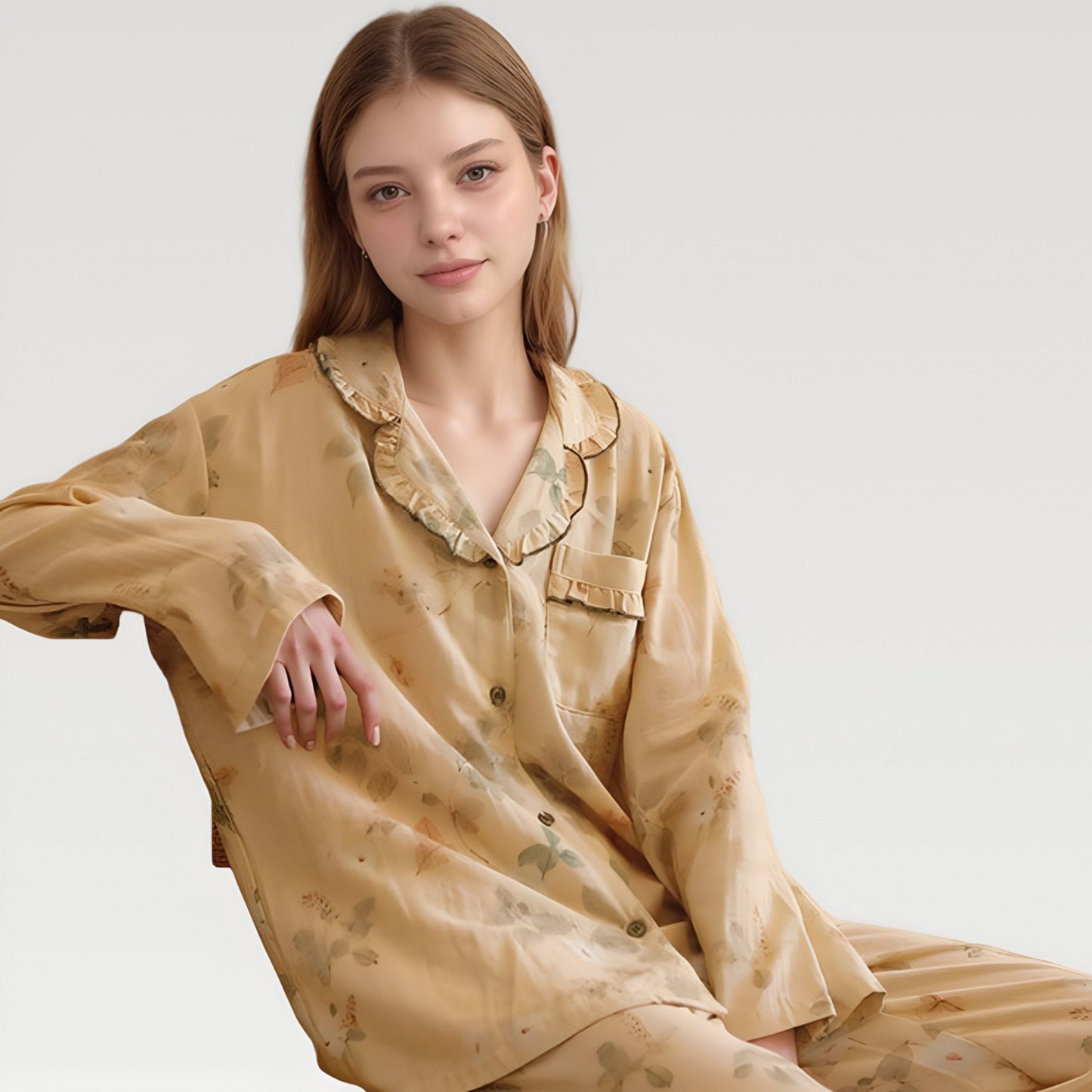 Anna-Kaci Lounge Women's Ruffle Collar Floral Print Woven Pajama Set with Long Sleeve Button Top and Relaxed Pants