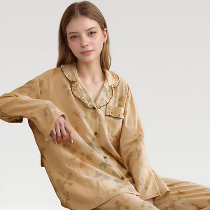Anna-Kaci Lounge Women's Ruffle Collar Floral Print Woven Pajama Set with Long Sleeve Button Top and Relaxed Pants