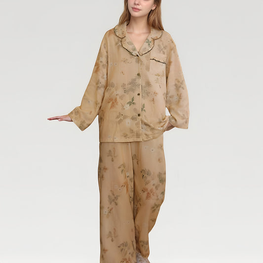 Anna-Kaci Lounge Women's Ruffle Collar Floral Print Woven Pajama Set with Long Sleeve Button Top and Relaxed Pants