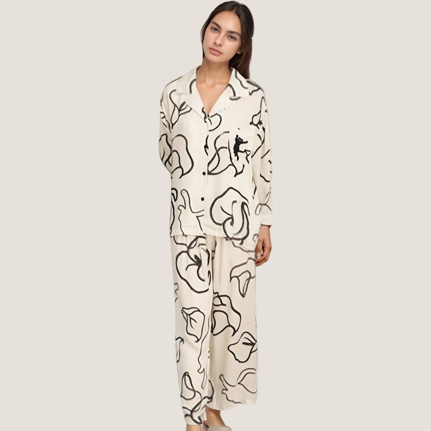 Anna-Kaci Lounge Women's Abstract Floral Woven Pajama Set with Long Sleeve Button Top and Wide Leg Pants
