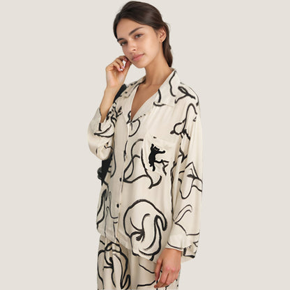 Anna-Kaci Lounge Women's Abstract Floral Woven Pajama Set with Long Sleeve Button Top and Wide Leg Pants