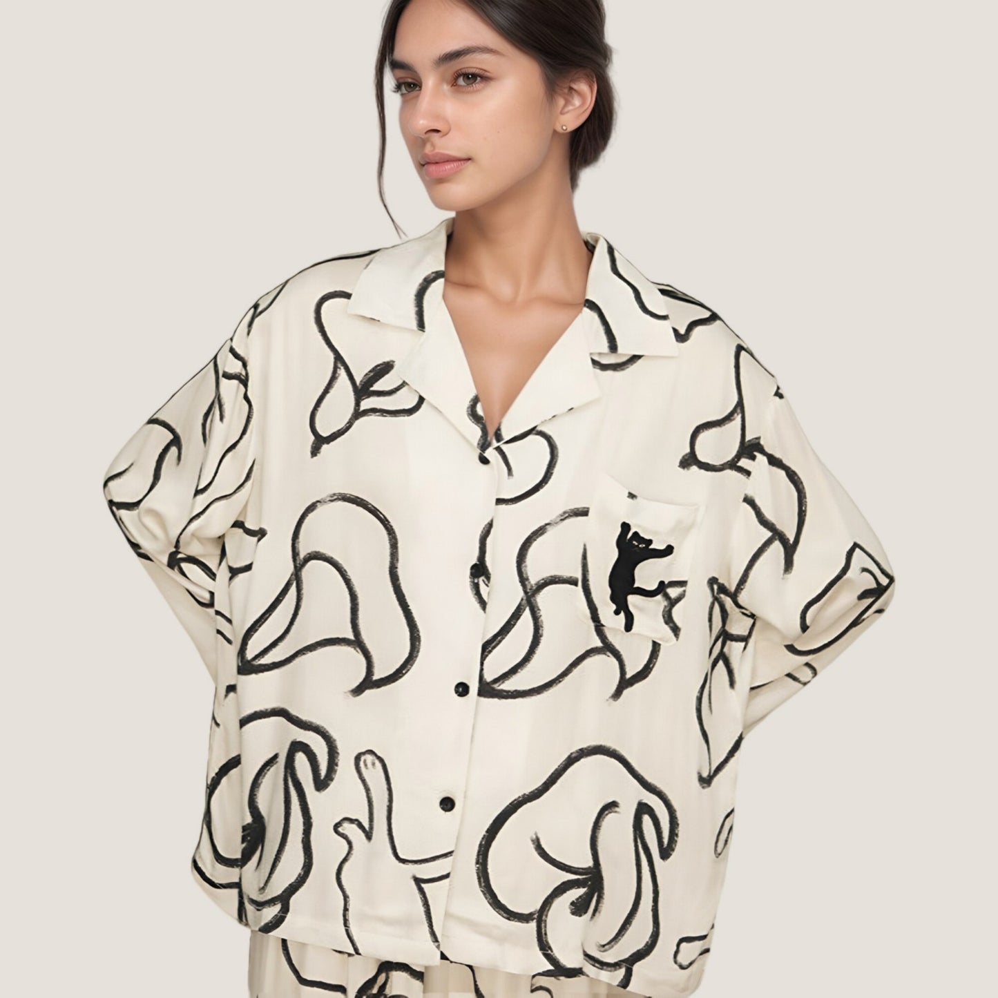 Anna-Kaci Lounge Women's Abstract Floral Woven Pajama Set with Long Sleeve Button Top and Wide Leg Pants