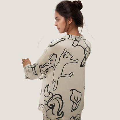 Anna-Kaci Lounge Women's Abstract Floral Woven Pajama Set with Long Sleeve Button Top and Wide Leg Pants