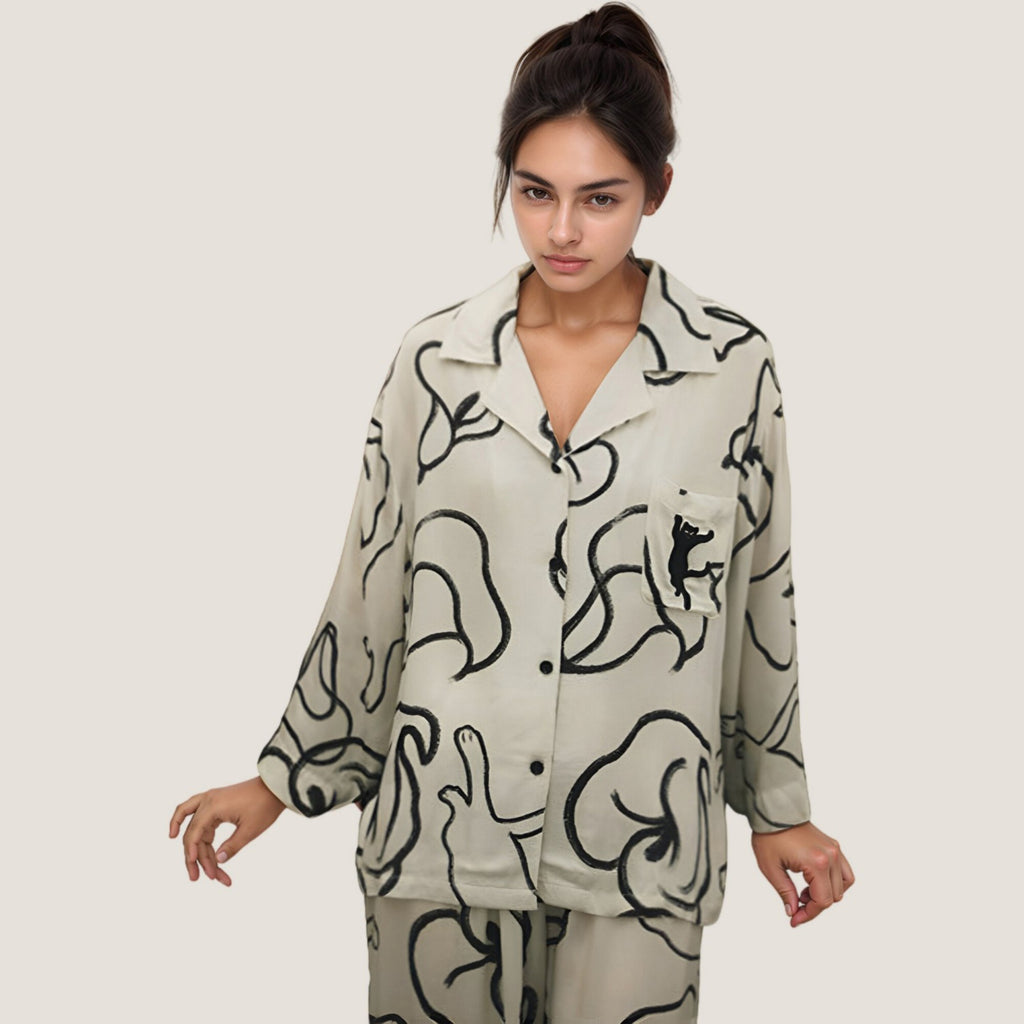 Anna-Kaci Lounge Women's Abstract Floral Woven Pajama Set with Long Sleeve Button Top and Wide Leg Pants