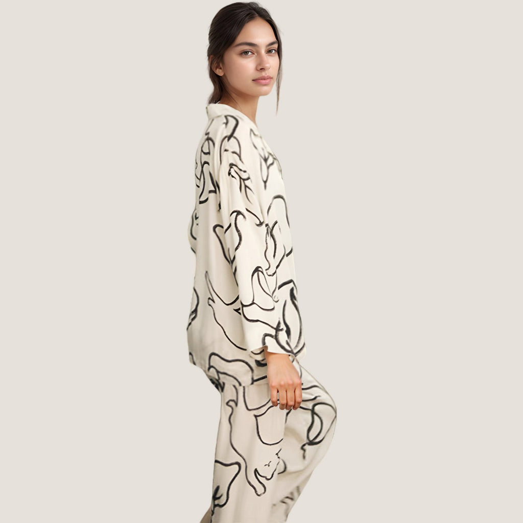 Anna-Kaci Lounge Women's Abstract Floral Woven Pajama Set with Long Sleeve Button Top and Wide Leg Pants