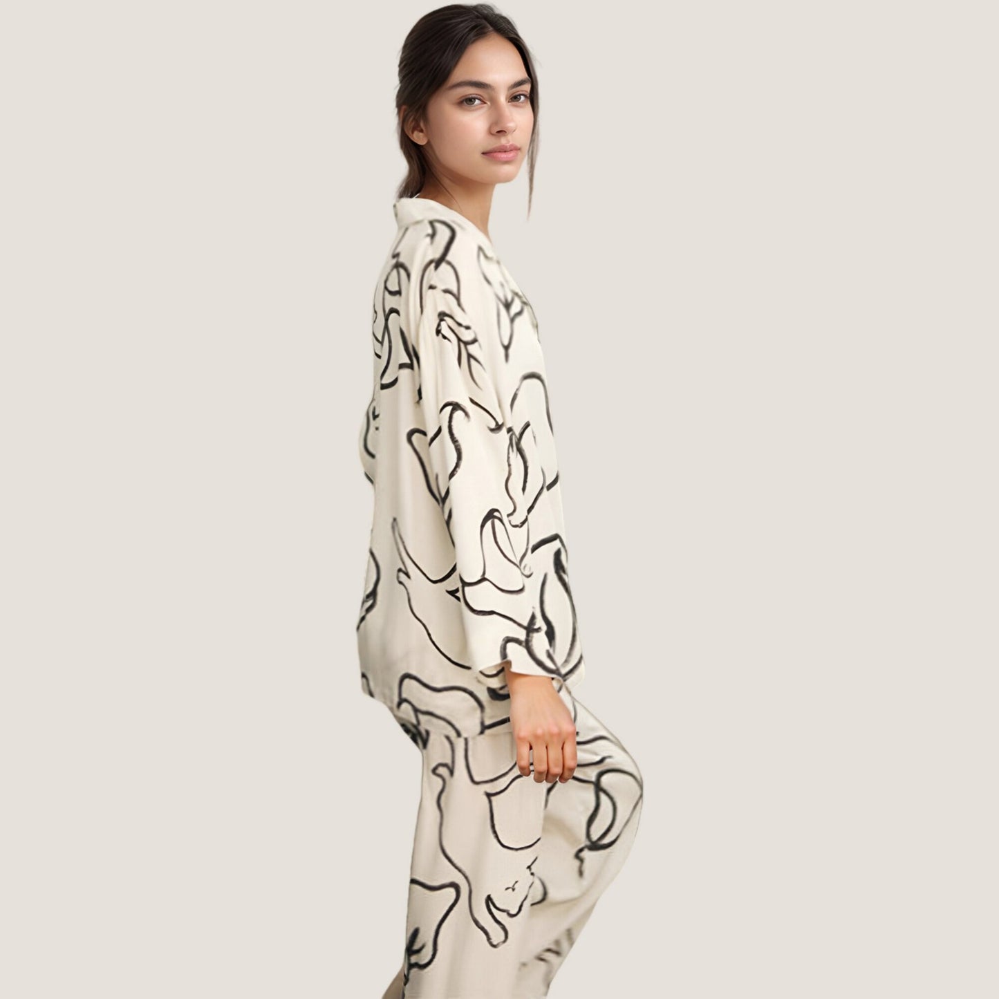 Anna-Kaci Lounge Women's Abstract Floral Woven Pajama Set with Long Sleeve Button Top and Wide Leg Pants