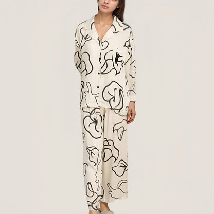 Anna-Kaci Lounge Women's Abstract Floral Woven Pajama Set with Long Sleeve Button Top and Wide Leg Pants
