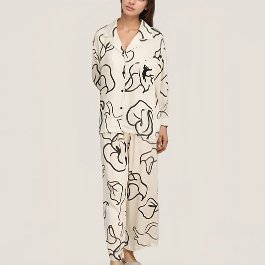 Anna-Kaci Lounge Women's Abstract Floral Woven Pajama Set with Long Sleeve Button Top and Wide Leg Pants