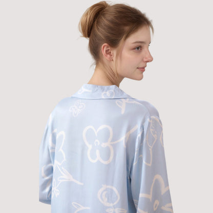Anna-Kaci Lounge Women's Light Woven Pajama Set with Whimsical Floral Outline Print and Relaxed Button-Up Fit