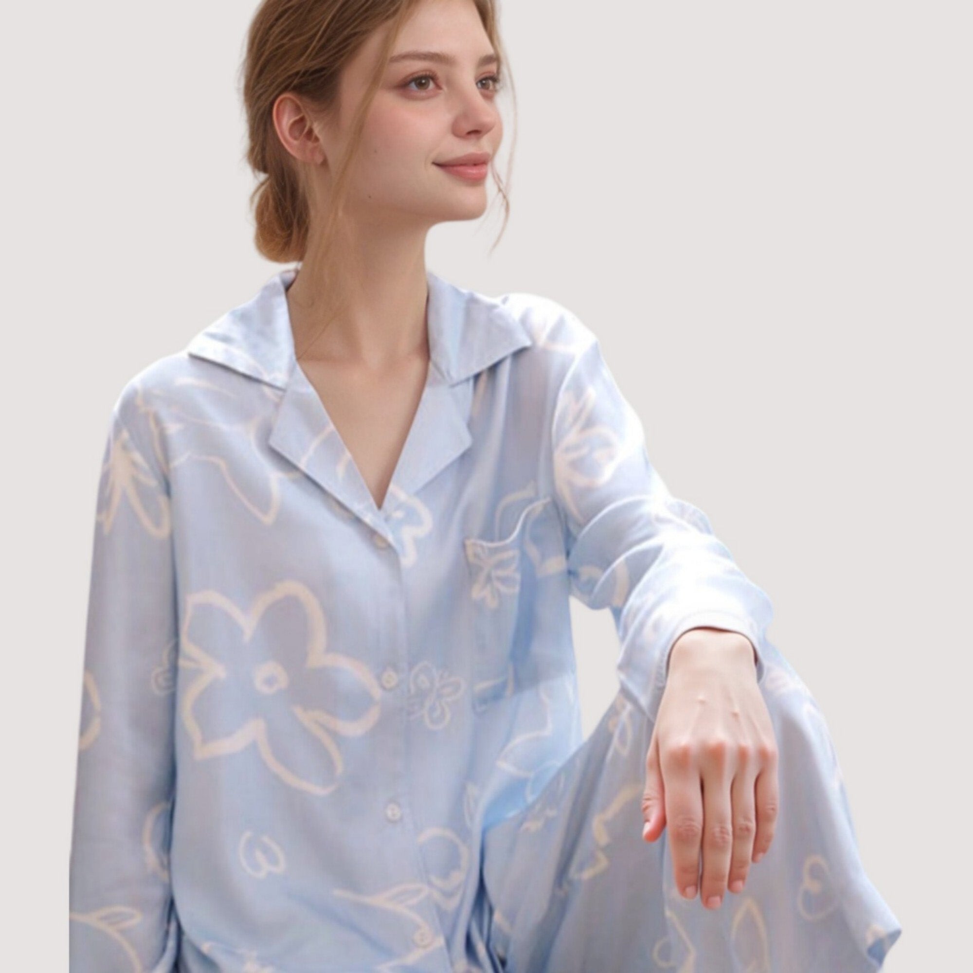 Anna-Kaci Lounge Women's Light Woven Pajama Set with Whimsical Floral Outline Print and Relaxed Button-Up Fit