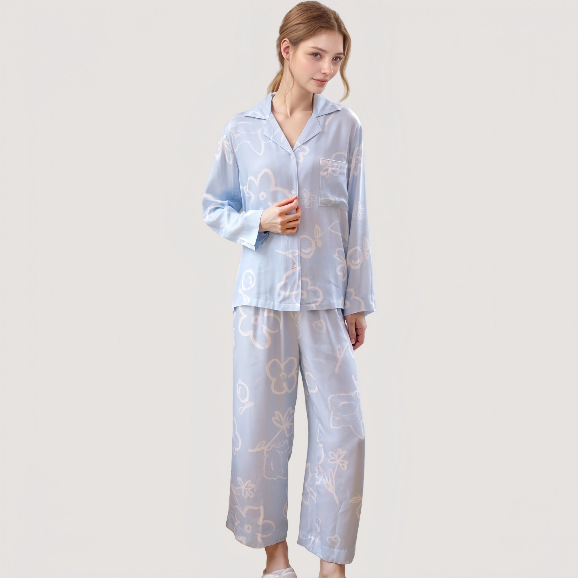 Anna-Kaci Lounge Women's Light Woven Pajama Set with Whimsical Floral Outline Print and Relaxed Button-Up Fit