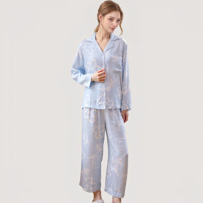 Anna-Kaci Lounge Women's Light Woven Pajama Set with Whimsical Floral Outline Print and Relaxed Button-Up Fit
