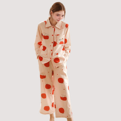 Anna-Kaci Lounge Women's Woven Pajama Set with Playful Tomato Print and Relaxed Button-Up Fit for Everyday Lounging