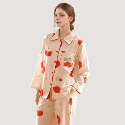 Anna-Kaci Lounge Women's Woven Pajama Set with Playful Tomato Print and Relaxed Button-Up Fit for Everyday Lounging
