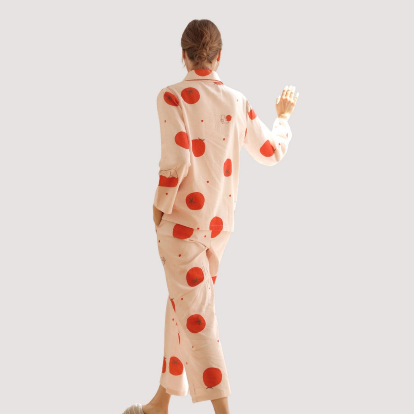 Anna-Kaci Lounge Women's Woven Pajama Set with Playful Tomato Print and Relaxed Button-Up Fit for Everyday Lounging