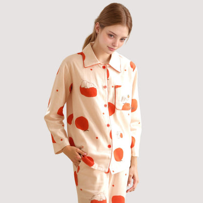 Anna-Kaci Lounge Women's Woven Pajama Set with Playful Tomato Print and Relaxed Button-Up Fit for Everyday Lounging