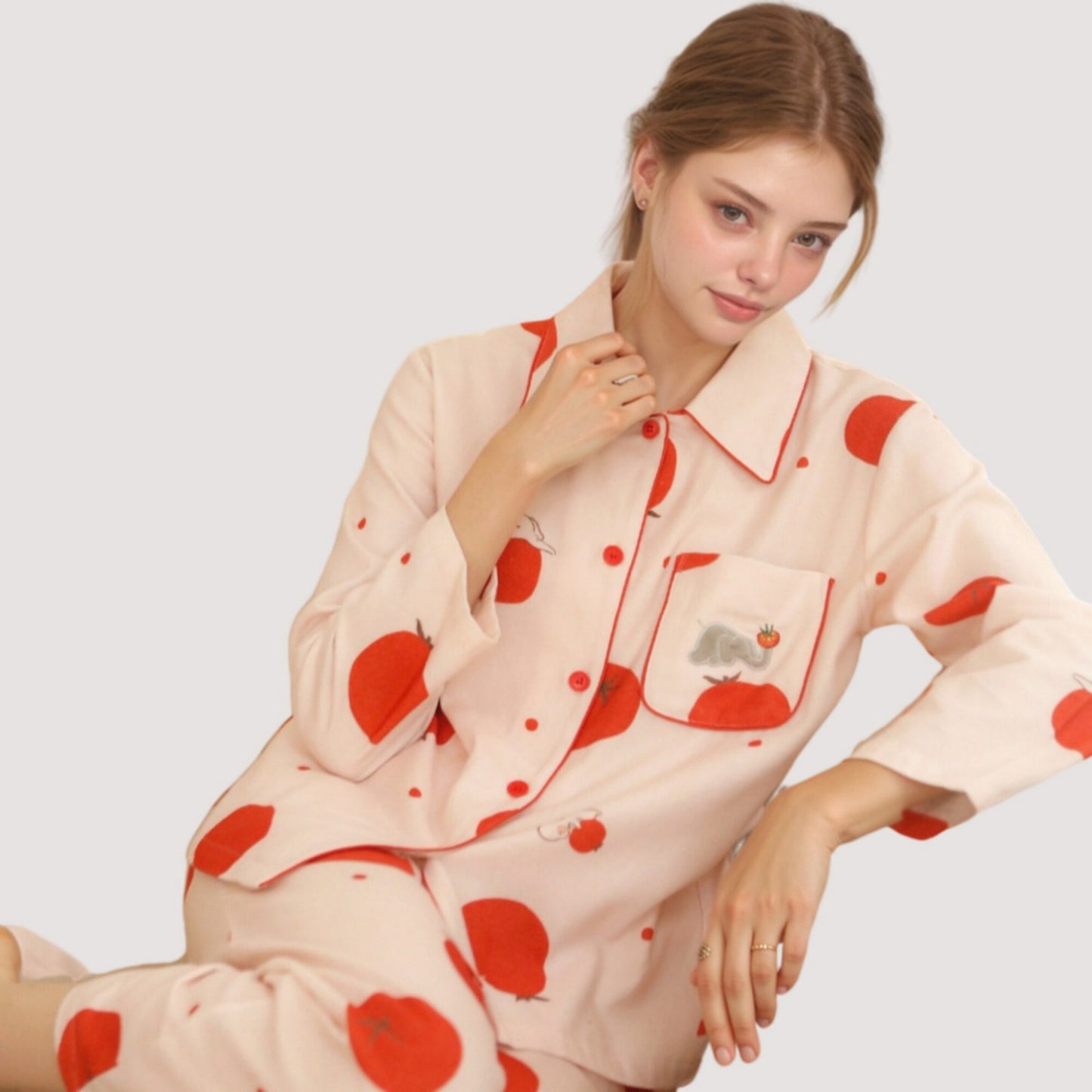 Anna-Kaci Lounge Women's Woven Pajama Set with Playful Tomato Print and Relaxed Button-Up Fit for Everyday Lounging