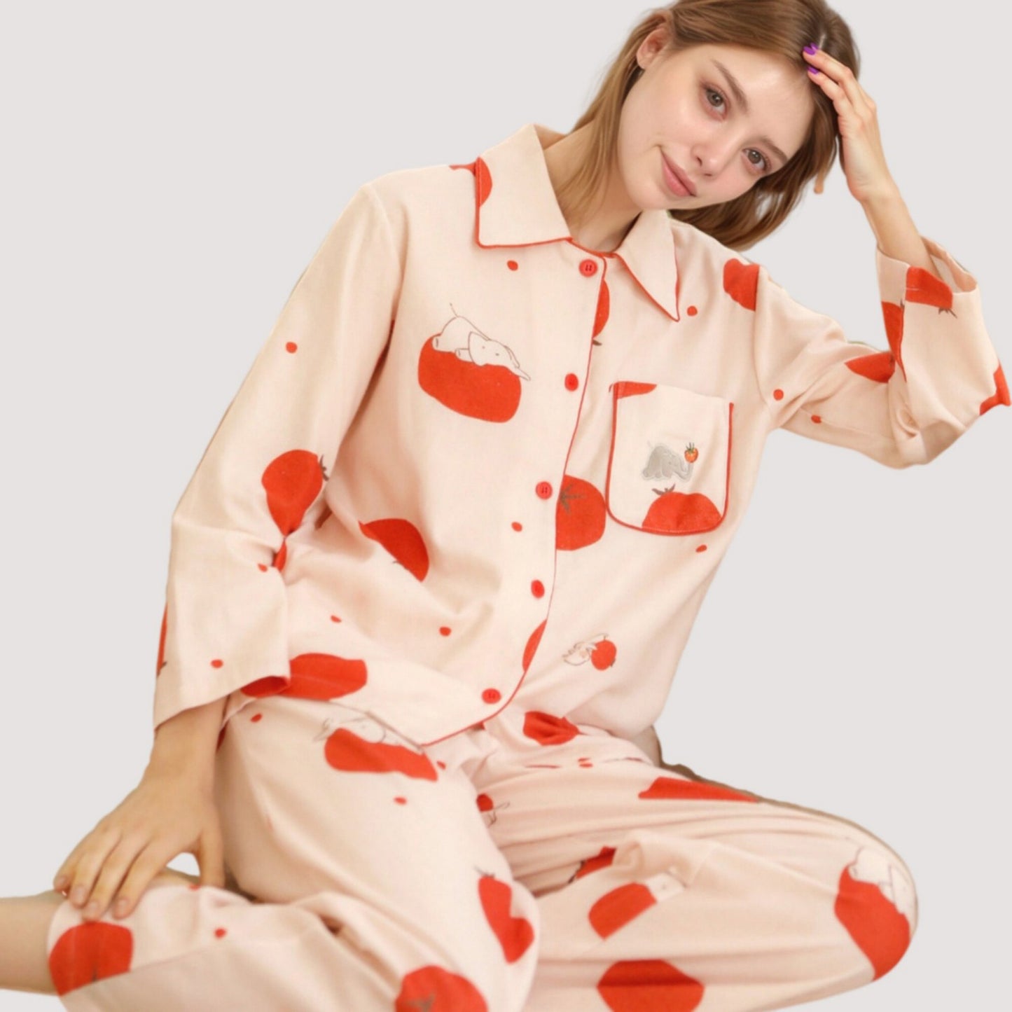 Anna-Kaci Lounge Women's Woven Pajama Set with Playful Tomato Print and Relaxed Button-Up Fit for Everyday Lounging