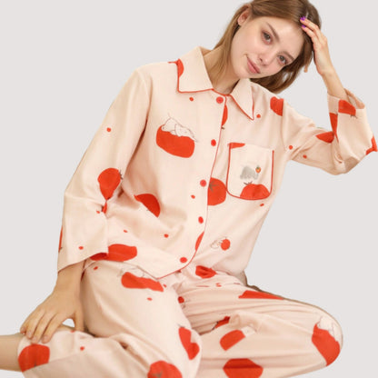 Anna-Kaci Lounge Women's Woven Pajama Set with Playful Tomato Print and Relaxed Button-Up Fit for Everyday Lounging