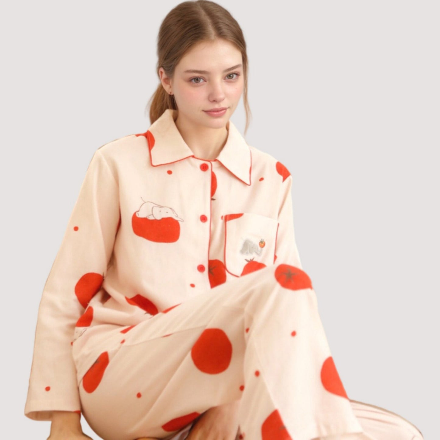 Anna-Kaci Lounge Women's Woven Pajama Set with Playful Tomato Print and Relaxed Button-Up Fit for Everyday Lounging