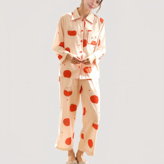 Anna-Kaci Lounge Women's Woven Pajama Set with Playful Tomato Print and Relaxed Button-Up Fit for Everyday Lounging