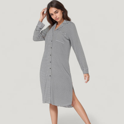 Anna-Kaci Lounge Women's Woven Stripe Long Sleeve Button Down Sleep Shirt with Lapel Collar and Curved Hem