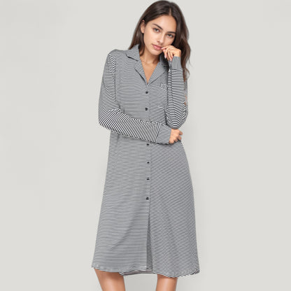 Anna-Kaci Lounge Women's Woven Stripe Long Sleeve Button Down Sleep Shirt with Lapel Collar and Curved Hem