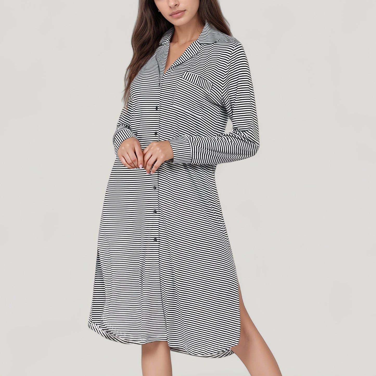 Anna-Kaci Lounge Women's Woven Stripe Long Sleeve Button Down Sleep Shirt with Lapel Collar and Curved Hem