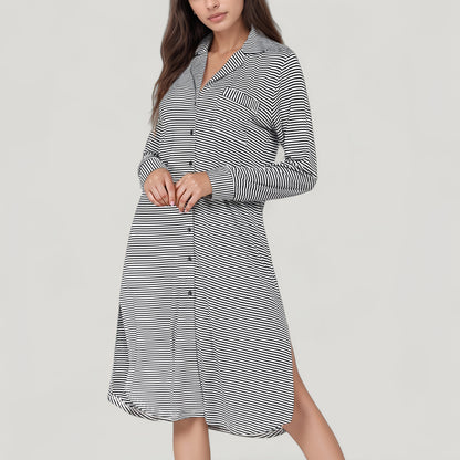 Anna-Kaci Lounge Women's Woven Stripe Long Sleeve Button Down Sleep Shirt with Lapel Collar and Curved Hem