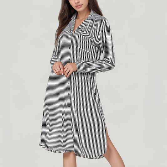 Anna-Kaci Lounge Women's Woven Stripe Long Sleeve Button Down Sleep Shirt with Lapel Collar and Curved Hem