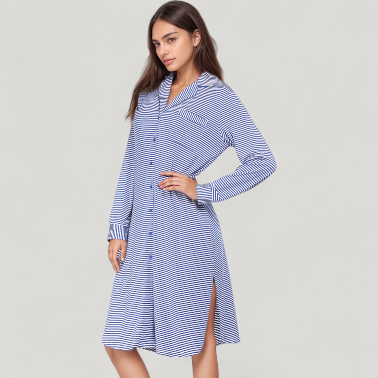 Anna-Kaci Lounge Women's Woven Stripe Long Sleeve Button Down Sleep Shirt with Lapel Collar and Curved Hem