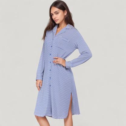 Anna-Kaci Lounge Women's Woven Stripe Long Sleeve Button Down Sleep Shirt with Lapel Collar and Curved Hem