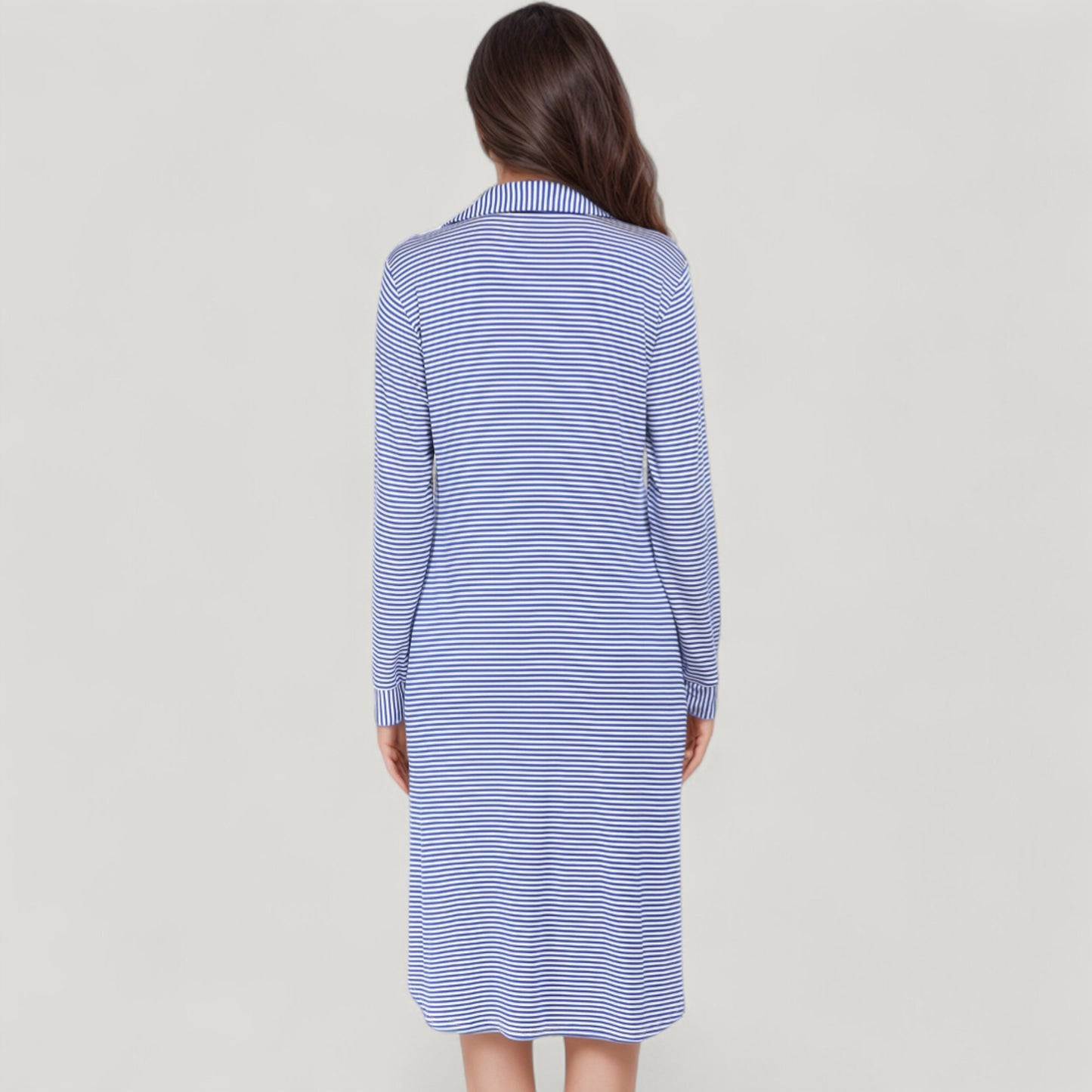 Anna-Kaci Lounge Women's Woven Stripe Long Sleeve Button Down Sleep Shirt with Lapel Collar and Curved Hem
