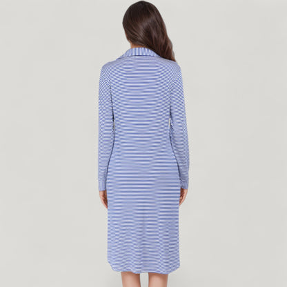 Anna-Kaci Lounge Women's Woven Stripe Long Sleeve Button Down Sleep Shirt with Lapel Collar and Curved Hem