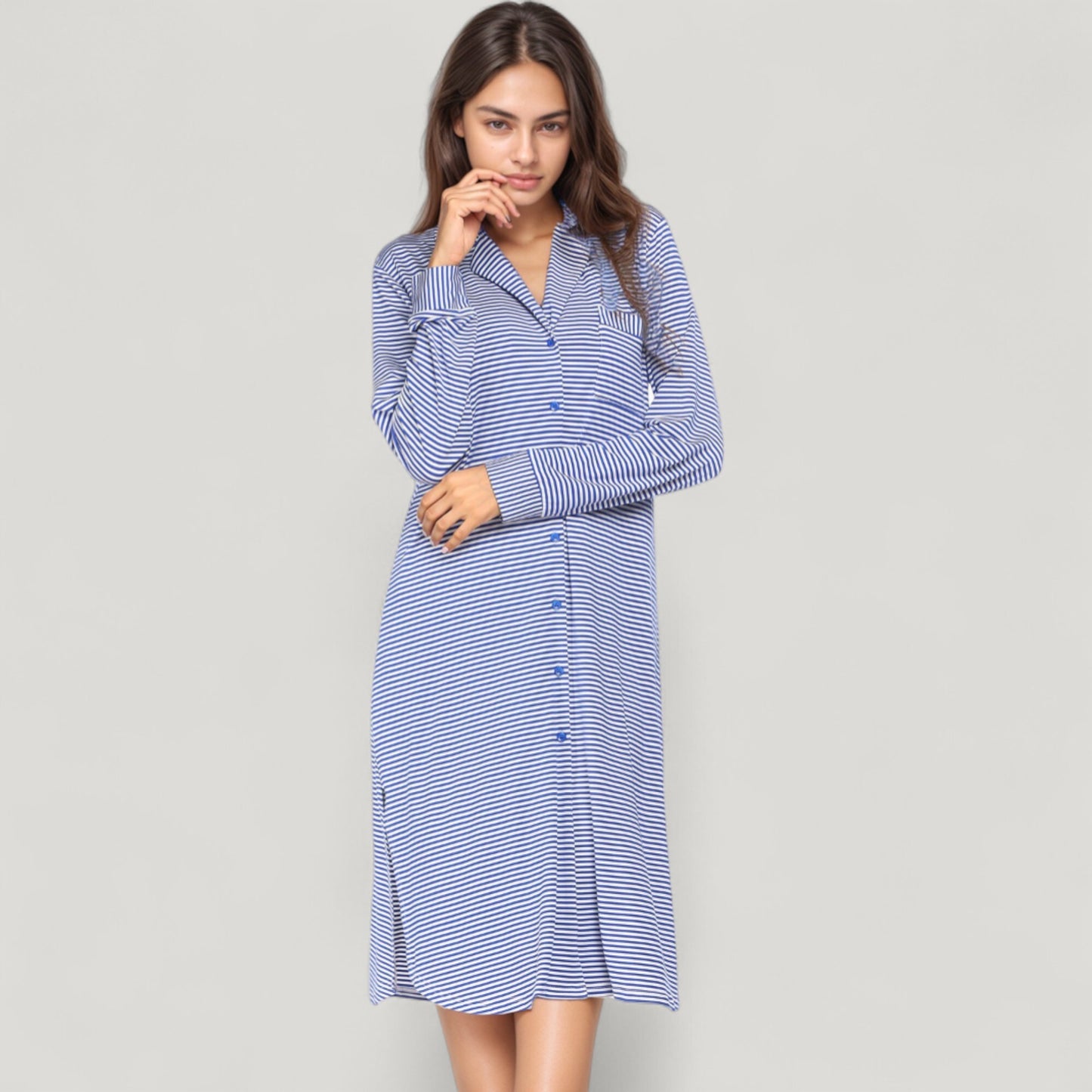 Anna-Kaci Lounge Women's Woven Stripe Long Sleeve Button Down Sleep Shirt with Lapel Collar and Curved Hem