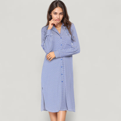 Anna-Kaci Lounge Women's Woven Stripe Long Sleeve Button Down Sleep Shirt with Lapel Collar and Curved Hem