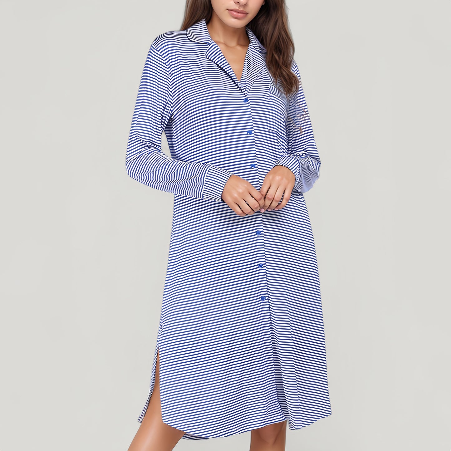 Anna-Kaci Lounge Women's Woven Stripe Long Sleeve Button Down Sleep Shirt with Lapel Collar and Curved Hem