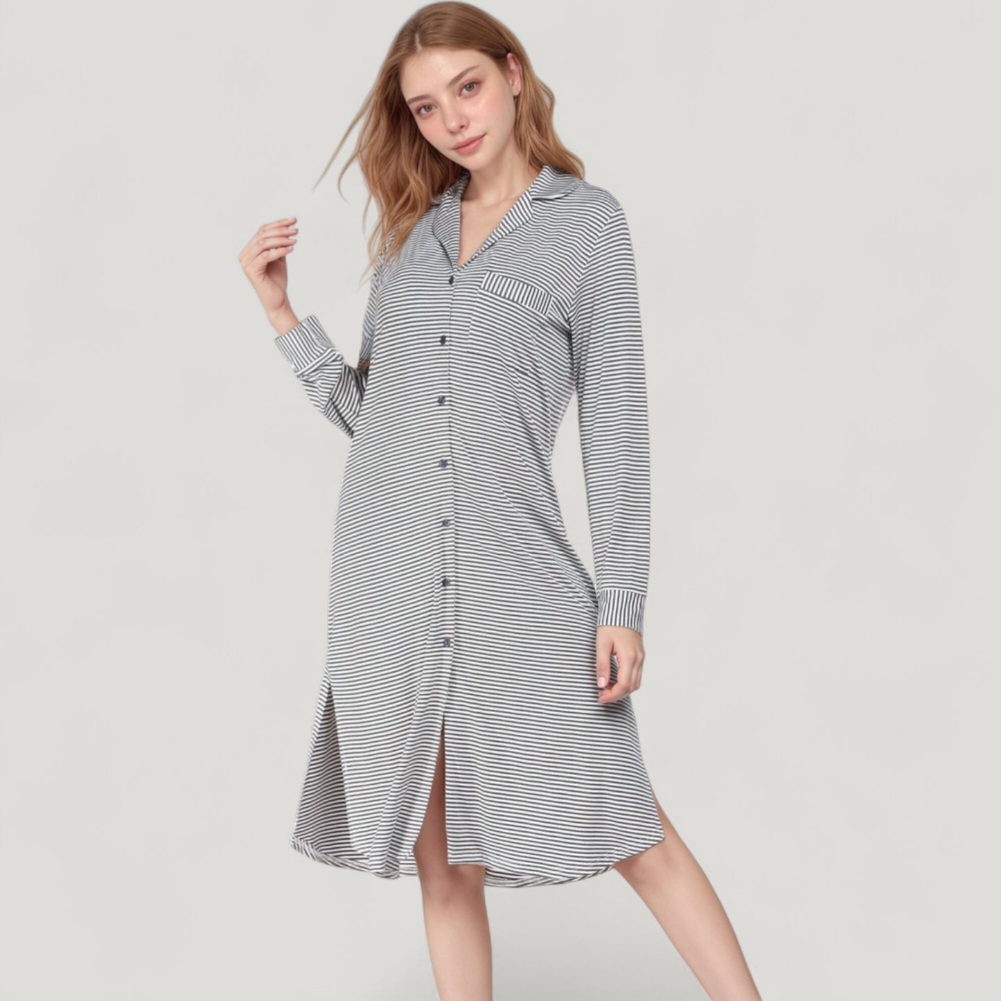 Anna-Kaci Lounge Women's Woven Stripe Long Sleeve Button Down Sleep Shirt with Lapel Collar and Curved Hem