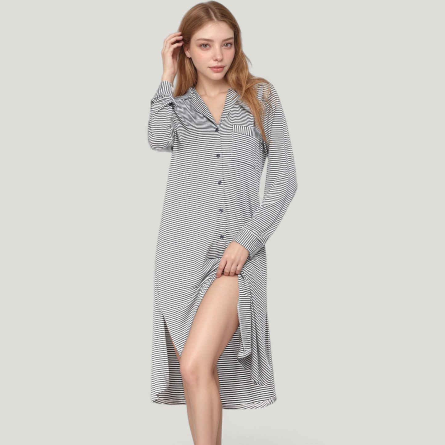 Anna-Kaci Lounge Women's Woven Stripe Long Sleeve Button Down Sleep Shirt with Lapel Collar and Curved Hem