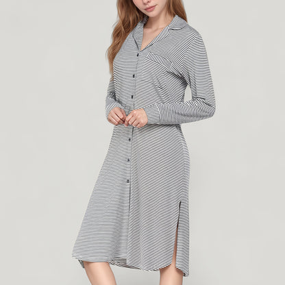 Anna-Kaci Lounge Women's Woven Stripe Long Sleeve Button Down Sleep Shirt with Lapel Collar and Curved Hem