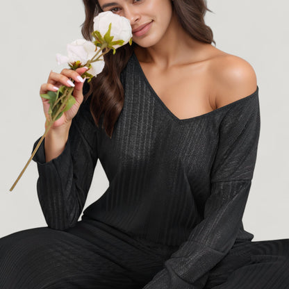 Anna-Kaci Lounge Women's Ribbed Knit Long Sleeve Crop Top and High Waist Lounge Pants Two Piece Set