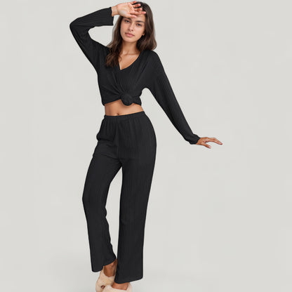 Anna-Kaci Lounge Women's Ribbed Knit Long Sleeve Crop Top and High Waist Lounge Pants Two Piece Set